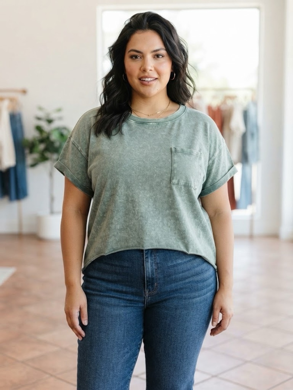 Zenana Outfitters Washed Sage Short Sleeve Pocket Tee